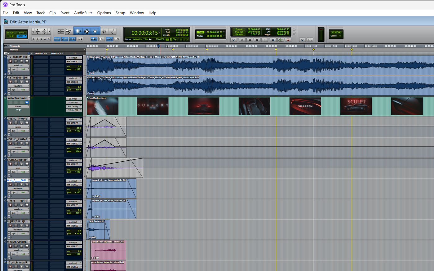 The same session open in Pro Tools, with matching tracks, waveforms and fades