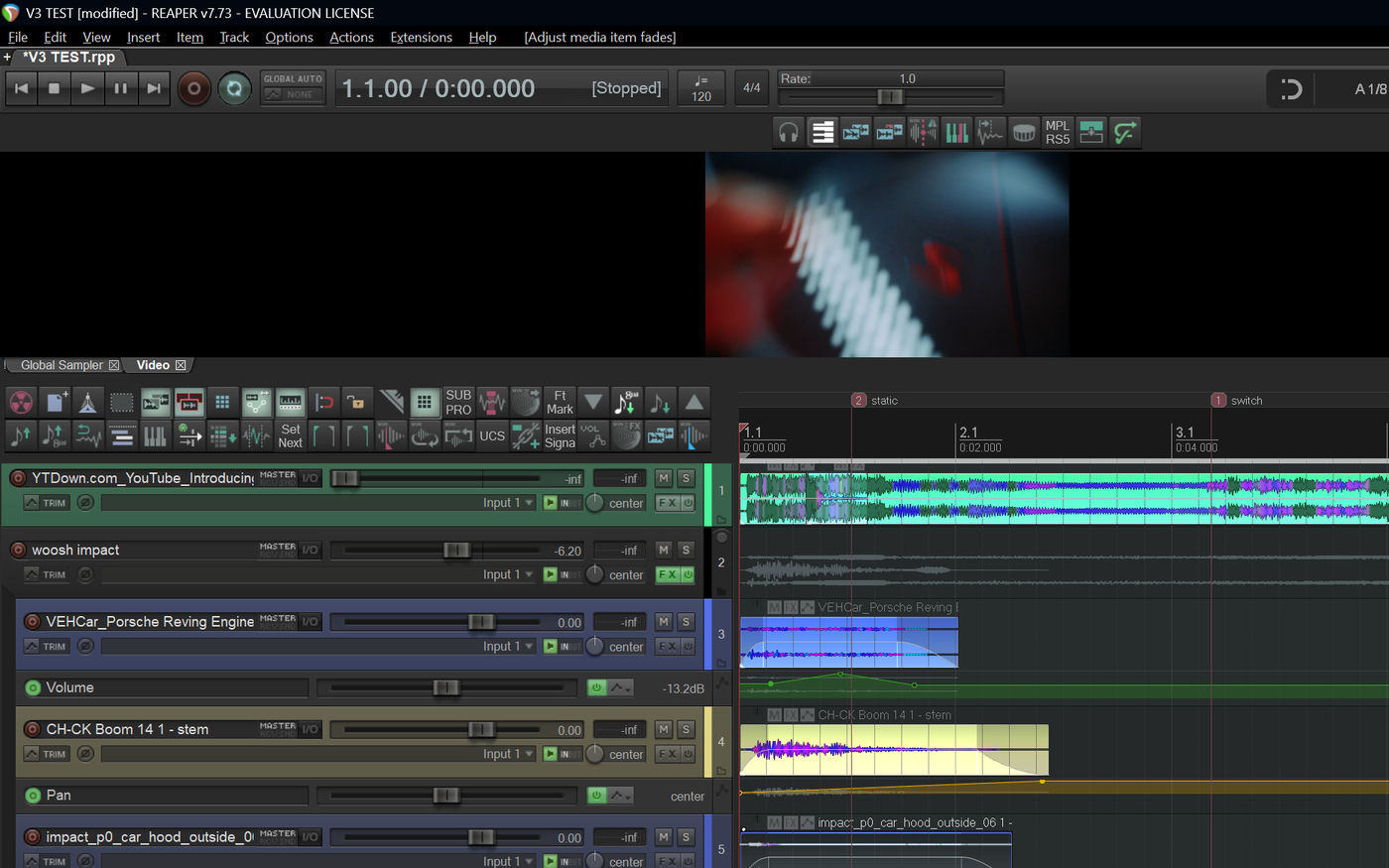 A REAPER session with tracks, waveforms, fades and volume automation